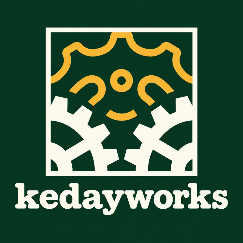 kedayworks: interlocking ivory gears and an amber sunrise gear, within a square frame.