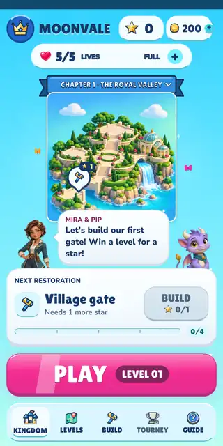 Moonvale’s kingdom screen, with Mira and Pip and the village gate restoration task.