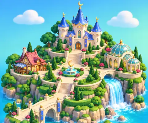 Moonvale: a blue-roofed castle, cottage, gardens, and a waterfall on a bright island.