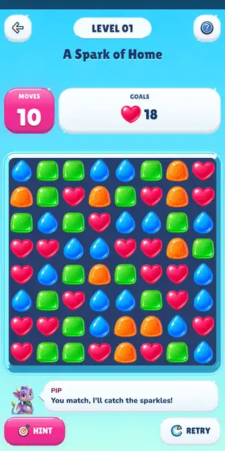 Jellyhaven puzzle board, with colourful jellies and a heart-collection goal.